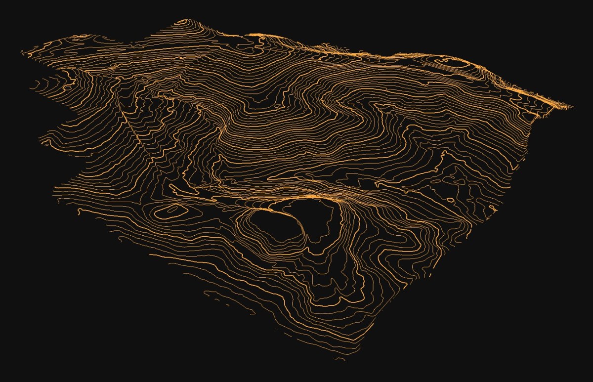 Curvas de nivel generadas desde el terreno clasificado LiDAR, vistas en 3D.